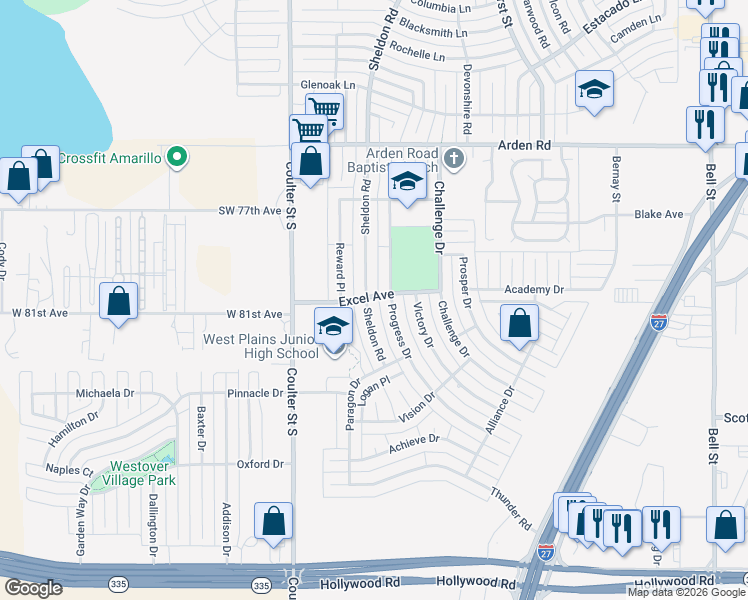 map of restaurants, bars, coffee shops, grocery stores, and more near 7912 Progress Drive in Amarillo