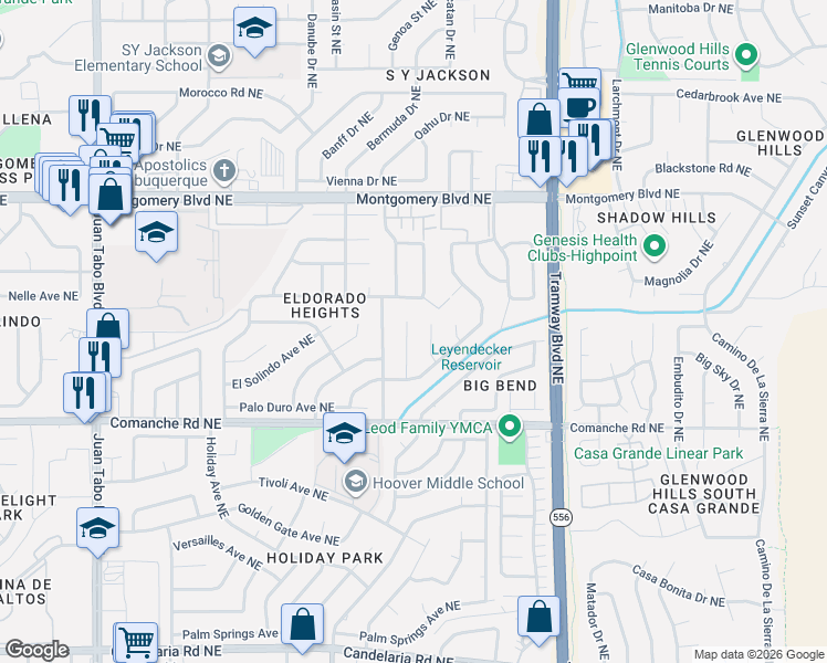 map of restaurants, bars, coffee shops, grocery stores, and more near 3833 Blue Ridge Place Northeast in Albuquerque