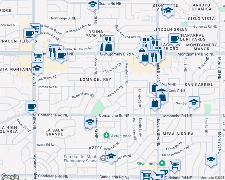 map of restaurants, bars, coffee shops, grocery stores, and more near 3803 Cheraz Street Northeast in Albuquerque