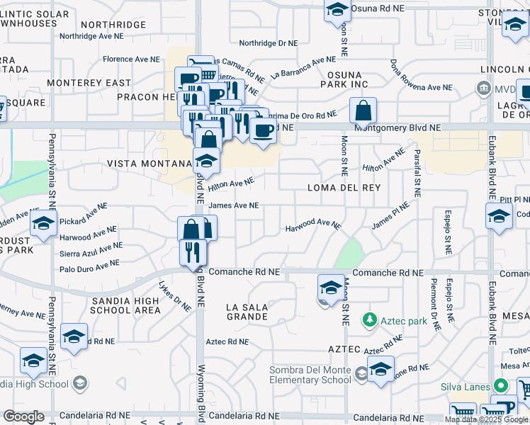 map of restaurants, bars, coffee shops, grocery stores, and more near 8609 James Avenue Northeast in Albuquerque