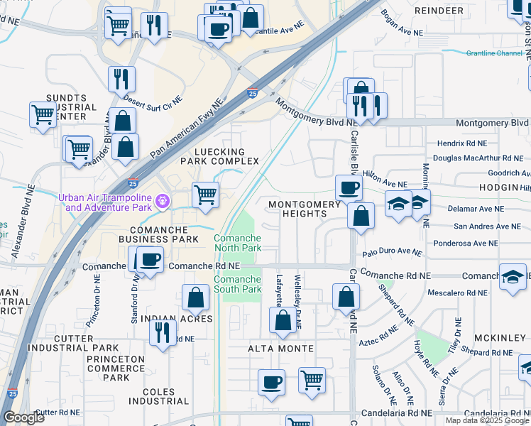 map of restaurants, bars, coffee shops, grocery stores, and more near 24 Lafayette Drive Northeast in Albuquerque