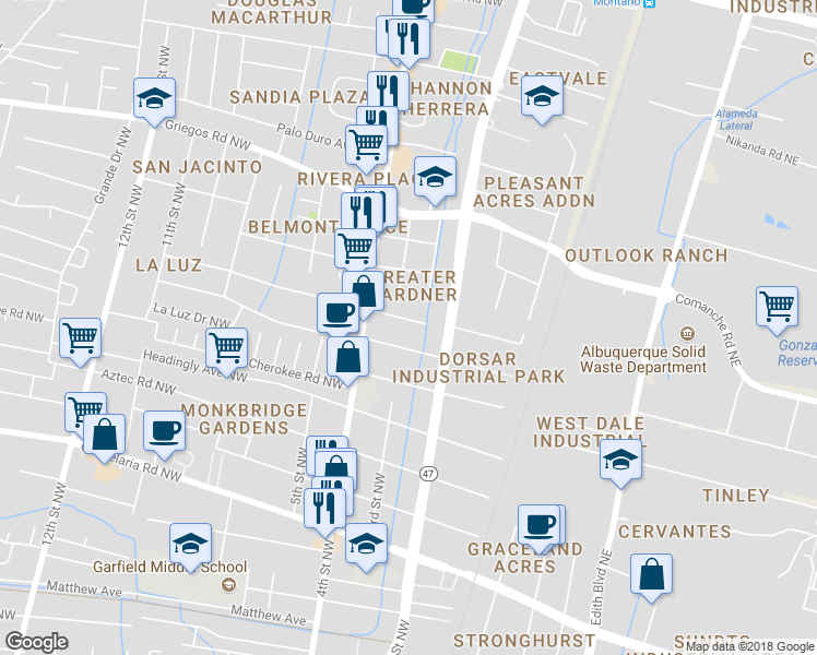 map of restaurants, bars, coffee shops, grocery stores, and more near 343 San Clemente Avenue Northwest in Albuquerque