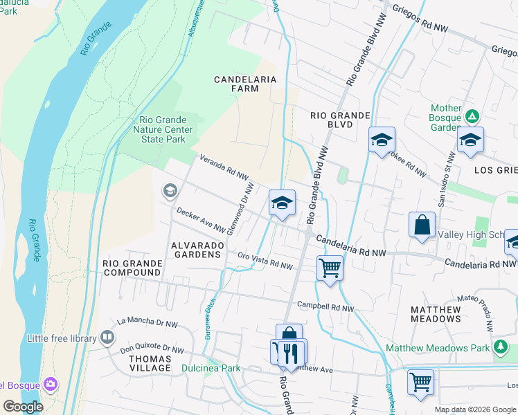 map of restaurants, bars, coffee shops, grocery stores, and more near 3124 Glenwood Drive Northwest in Albuquerque