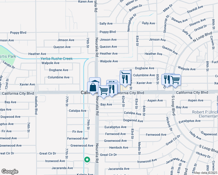 map of restaurants, bars, coffee shops, grocery stores, and more near 8047 California City Boulevard in California City