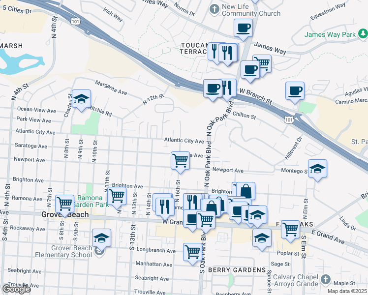 map of restaurants, bars, coffee shops, grocery stores, and more near 1660 Atlantic City Avenue in Grover Beach