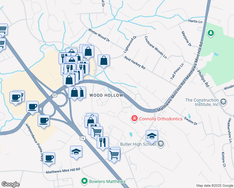 map of restaurants, bars, coffee shops, grocery stores, and more near 2650 Polo Club Boulevard in Matthews