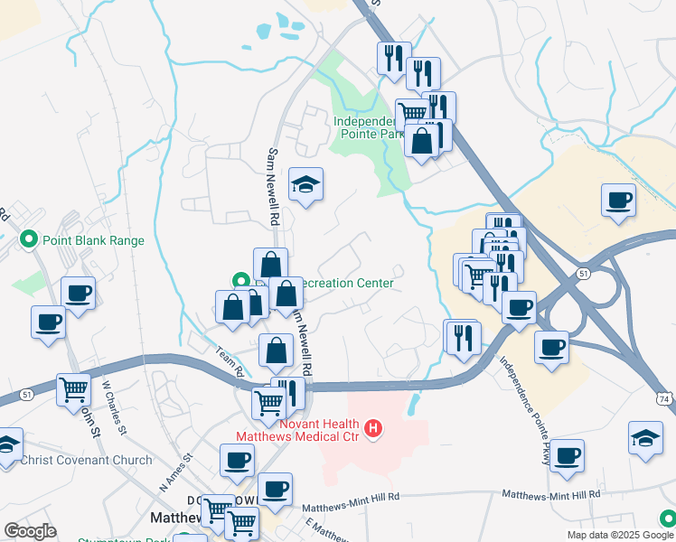 map of restaurants, bars, coffee shops, grocery stores, and more near 831 Cameron Village Drive in Matthews