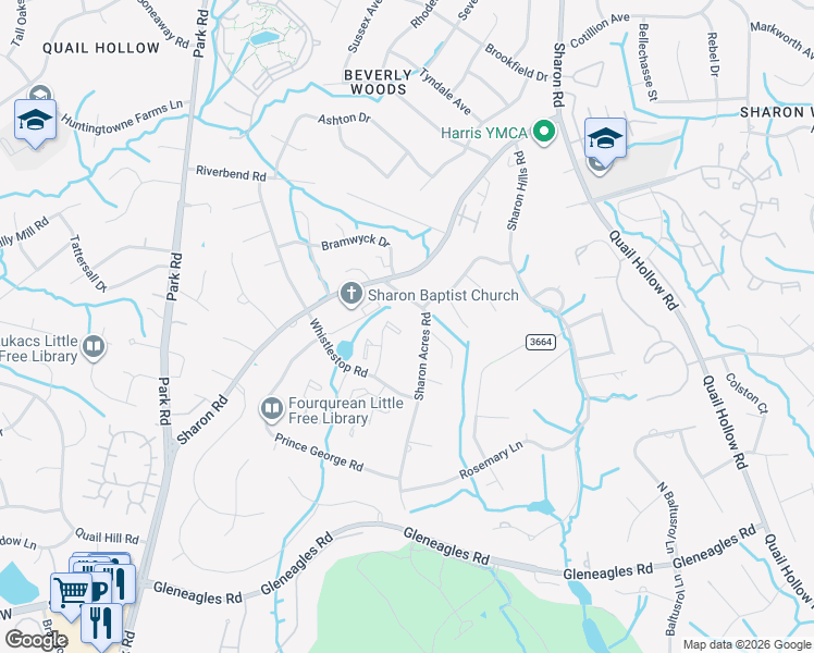 map of restaurants, bars, coffee shops, grocery stores, and more near 6020 Sharon Acres Road in Charlotte