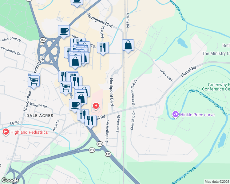 map of restaurants, bars, coffee shops, grocery stores, and more near 2835 Northpoint Boulevard in Chattanooga