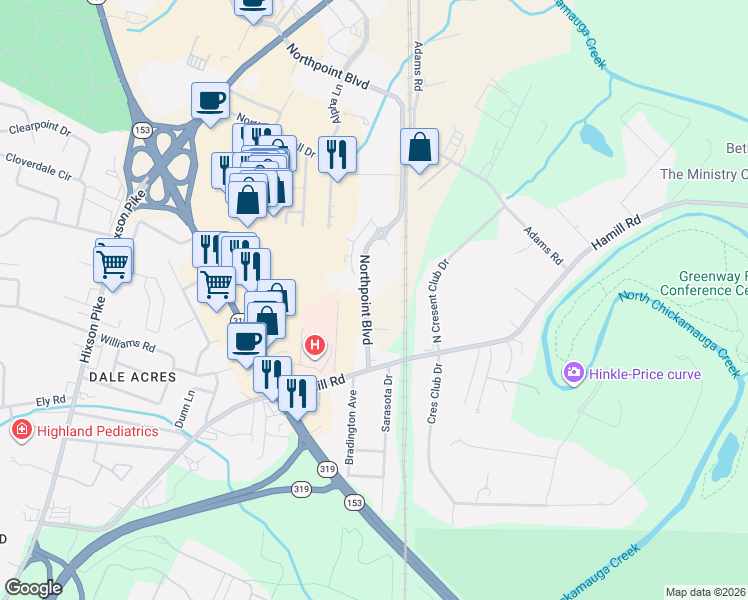 map of restaurants, bars, coffee shops, grocery stores, and more near 2835 Northpoint Boulevard in Chattanooga