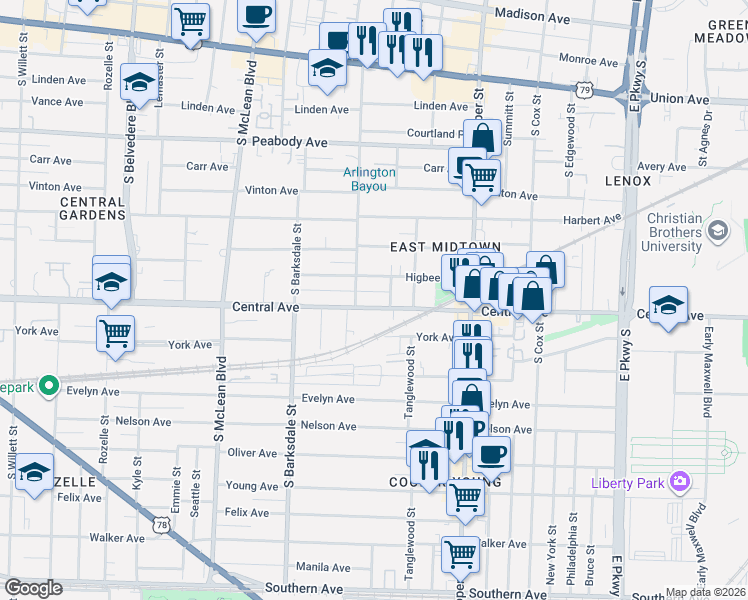 map of restaurants, bars, coffee shops, grocery stores, and more near 1993 Higbee Avenue in Memphis
