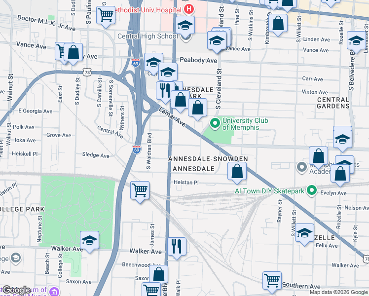 map of restaurants, bars, coffee shops, grocery stores, and more near 1274 Central Avenue in Memphis