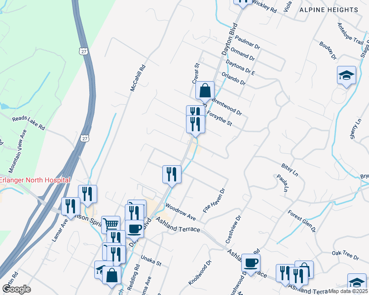 map of restaurants, bars, coffee shops, grocery stores, and more near 4313 Dayton Boulevard in Chattanooga