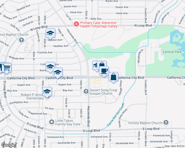 map of restaurants, bars, coffee shops, grocery stores, and more near 21000 Hacienda Boulevard in California City