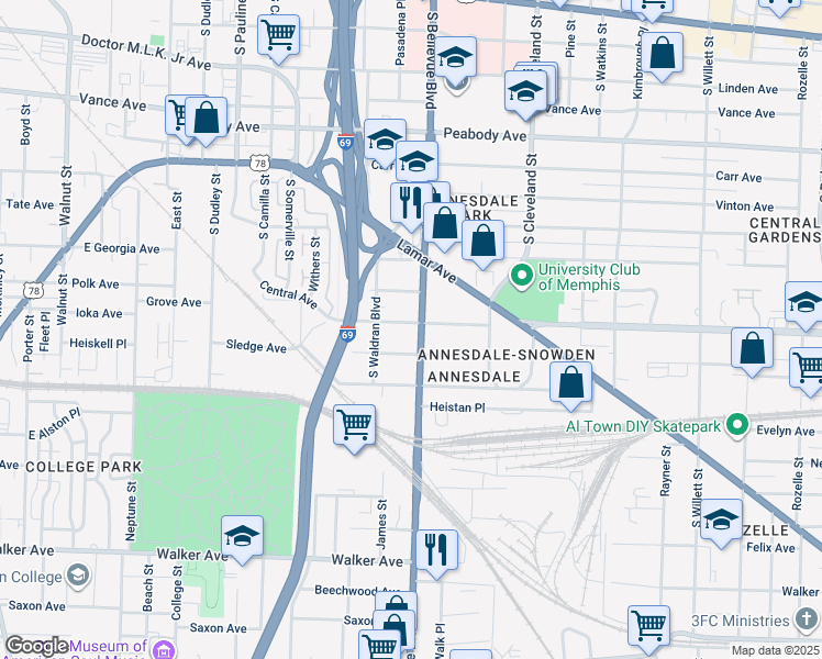 map of restaurants, bars, coffee shops, grocery stores, and more near 1207 Central Avenue in Memphis