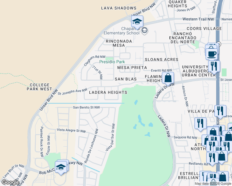 map of restaurants, bars, coffee shops, grocery stores, and more near 3916 68th Street Northwest in Albuquerque
