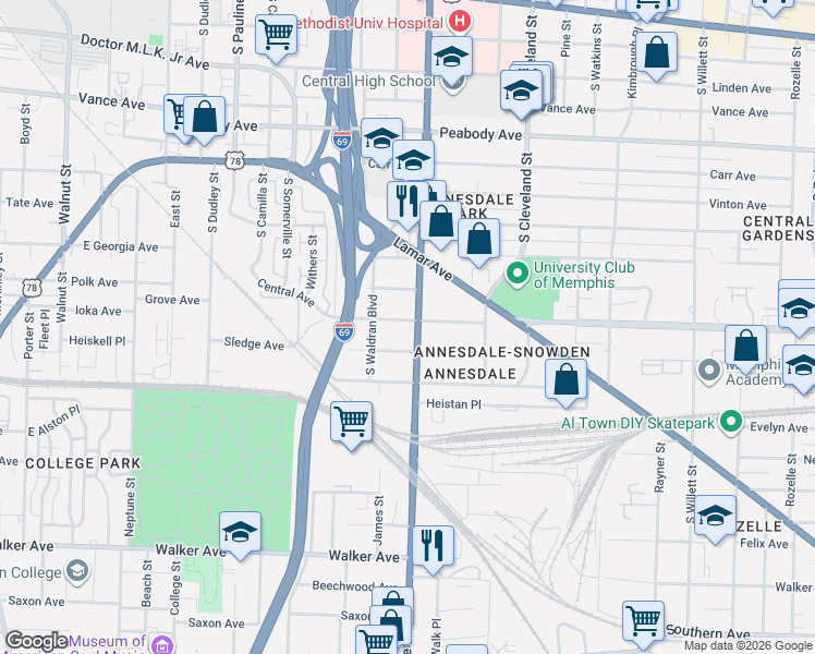 map of restaurants, bars, coffee shops, grocery stores, and more near 1228 Central Avenue in Memphis