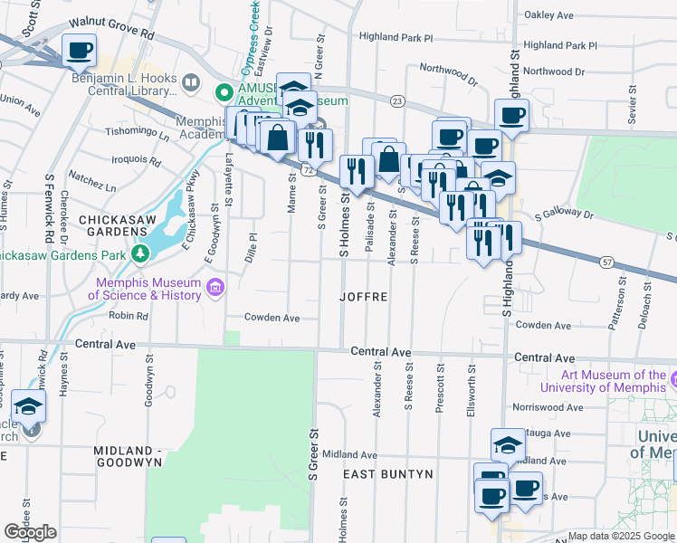 map of restaurants, bars, coffee shops, grocery stores, and more near 195 South Holmes Street in Memphis