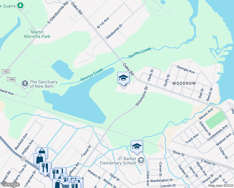 map of restaurants, bars, coffee shops, grocery stores, and more near 2811 Oaks Road in New Bern