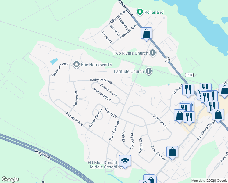 map of restaurants, bars, coffee shops, grocery stores, and more near 112 Derby Park Avenue in New Bern