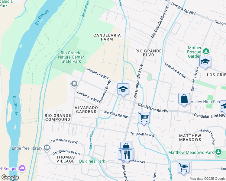 map of restaurants, bars, coffee shops, grocery stores, and more near 2531 Candelaria Road Northwest in Albuquerque