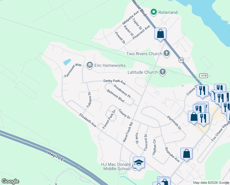 map of restaurants, bars, coffee shops, grocery stores, and more near 3422 Belmont Boulevard in New Bern