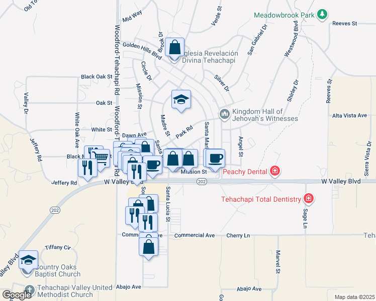 map of restaurants, bars, coffee shops, grocery stores, and more near 21220 Campo Court in Tehachapi
