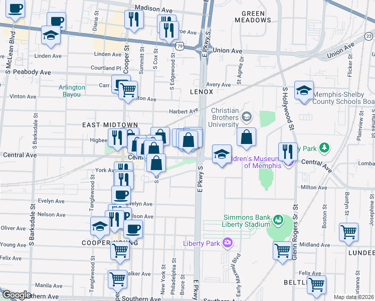 map of restaurants, bars, coffee shops, grocery stores, and more near 682 Landis Street in Memphis