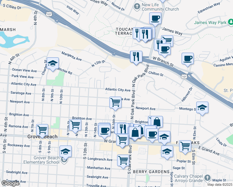 map of restaurants, bars, coffee shops, grocery stores, and more near 562 North 16th Street in Grover Beach