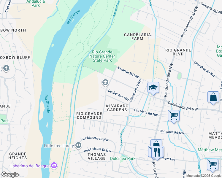 map of restaurants, bars, coffee shops, grocery stores, and more near 2723 Decker Avenue Northwest in Albuquerque