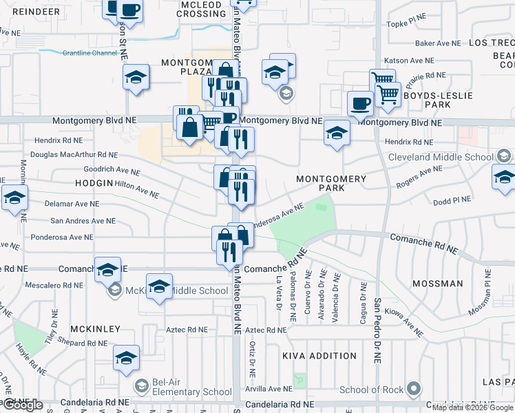 map of restaurants, bars, coffee shops, grocery stores, and more near Ortiz Drive Northeast in Albuquerque