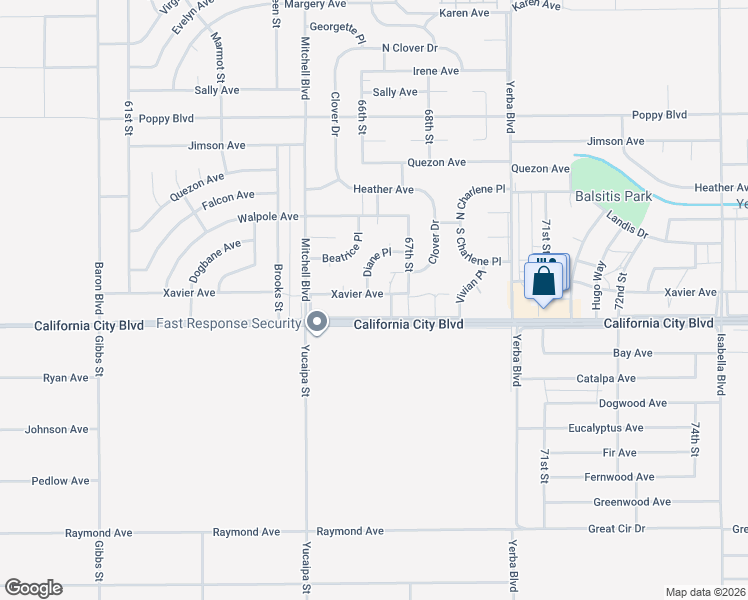 map of restaurants, bars, coffee shops, grocery stores, and more near Xavier Avenue in California City