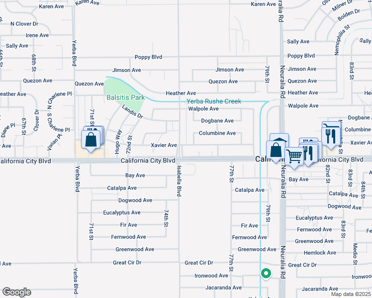 map of restaurants, bars, coffee shops, grocery stores, and more near 7501 Xavier Avenue in California City