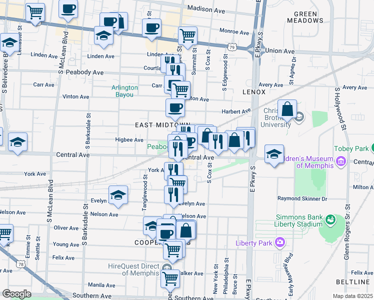 map of restaurants, bars, coffee shops, grocery stores, and more near 2178 Central Avenue in Memphis