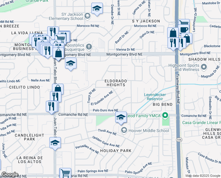 map of restaurants, bars, coffee shops, grocery stores, and more near 11909 Fulmer Drive Northeast in Albuquerque