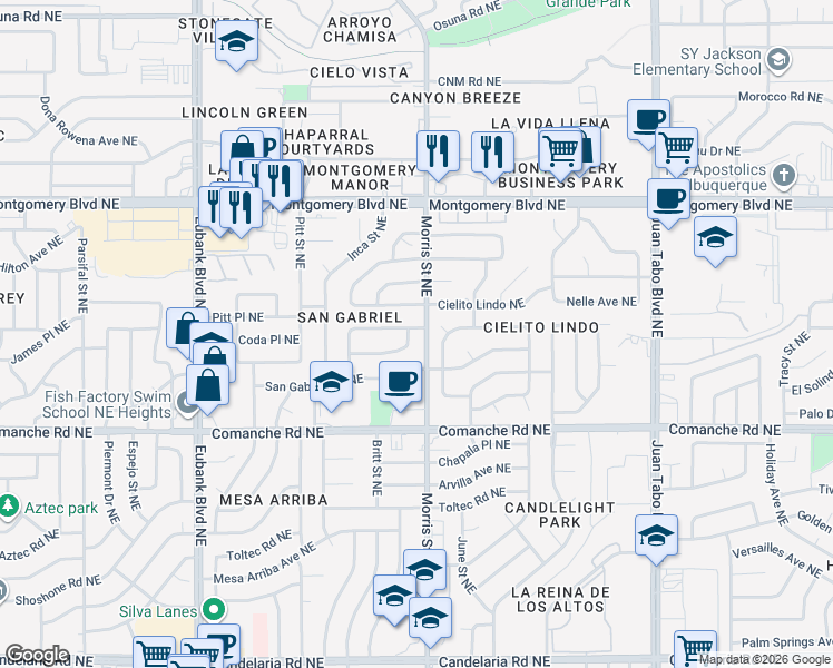 map of restaurants, bars, coffee shops, grocery stores, and more near 10309 Santa Paula Avenue Northeast in Albuquerque