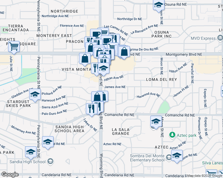 map of restaurants, bars, coffee shops, grocery stores, and more near 8425 James Avenue Northeast in Albuquerque