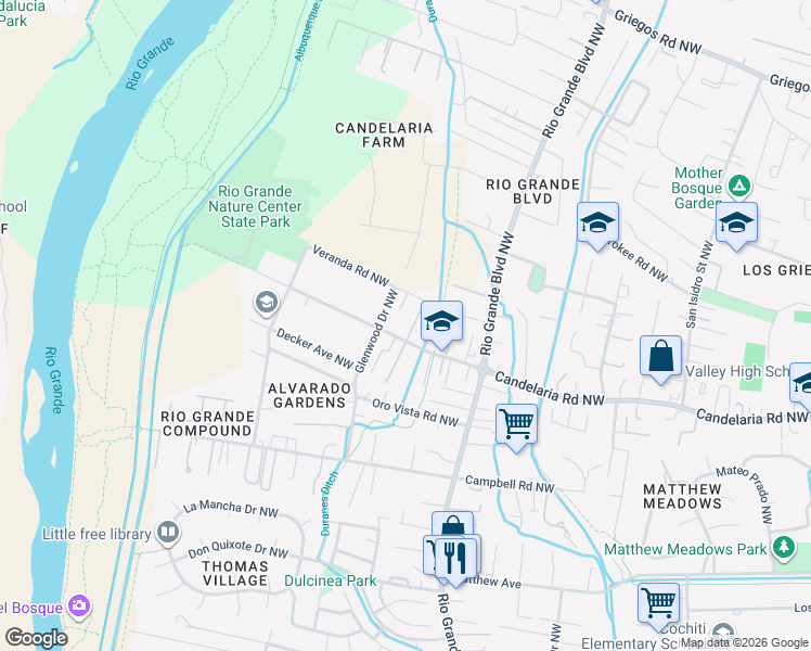 map of restaurants, bars, coffee shops, grocery stores, and more near 3124 Glenwood Drive Northwest in Albuquerque