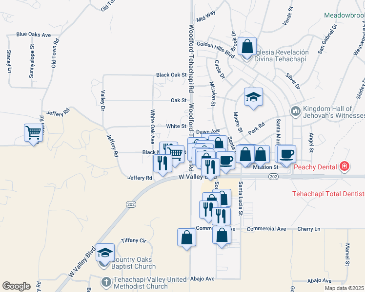 map of restaurants, bars, coffee shops, grocery stores, and more near 21165 Woodford-Tehachapi Road in Golden Hills