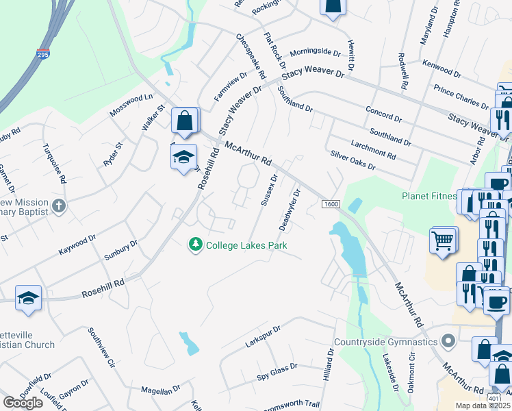 map of restaurants, bars, coffee shops, grocery stores, and more near 4225 Sussex Drive in Fayetteville