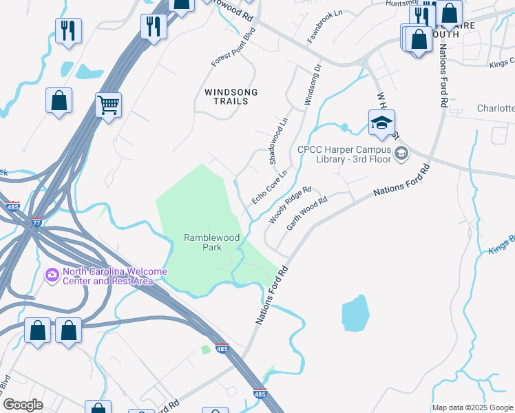 map of restaurants, bars, coffee shops, grocery stores, and more near 716 Echo Cove Lane in Charlotte