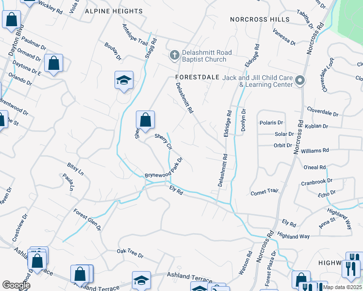 map of restaurants, bars, coffee shops, grocery stores, and more near 4605 Plaza Hills Lane in Chattanooga