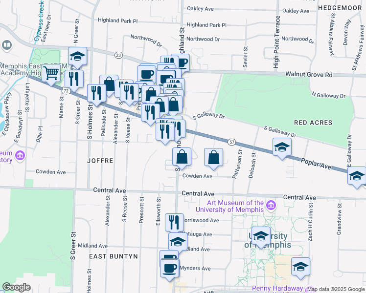 map of restaurants, bars, coffee shops, grocery stores, and more near 155 Windover Road in Memphis