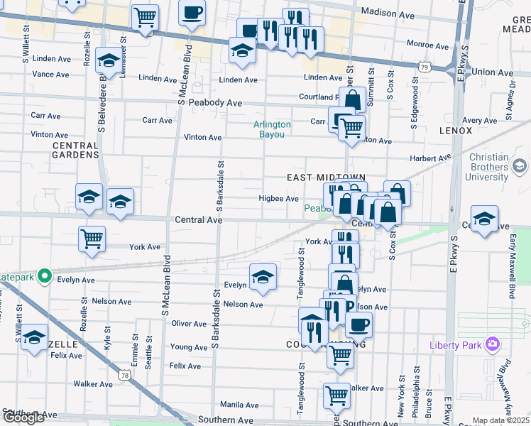 map of restaurants, bars, coffee shops, grocery stores, and more near 1993 Higbee Avenue in Memphis