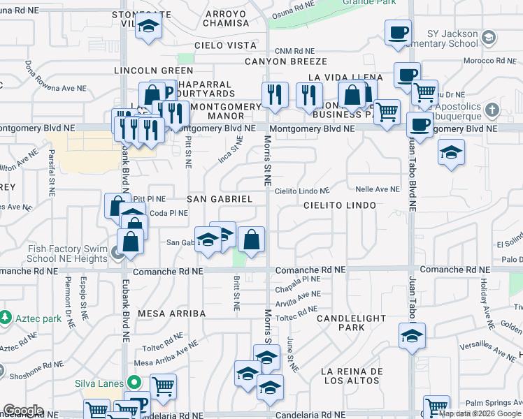 map of restaurants, bars, coffee shops, grocery stores, and more near 10309 Santa Paula Avenue Northeast in Albuquerque