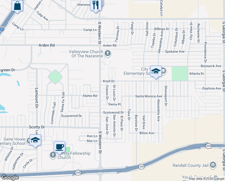 map of restaurants, bars, coffee shops, grocery stores, and more near 7705 Saint Louis Drive in Amarillo