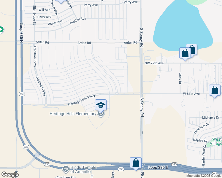 map of restaurants, bars, coffee shops, grocery stores, and more near Legacy Parkway in Amarillo