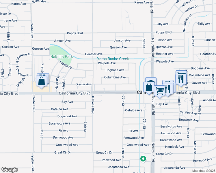 map of restaurants, bars, coffee shops, grocery stores, and more near 7616 Xavier Avenue in California City