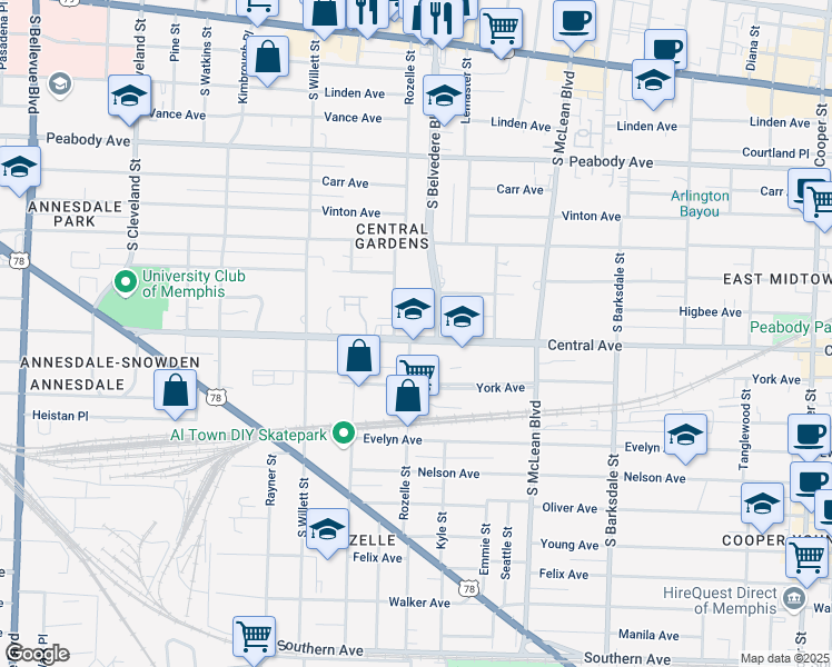 map of restaurants, bars, coffee shops, grocery stores, and more near 1676 Central Avenue in Memphis