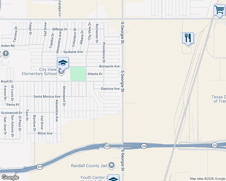 map of restaurants, bars, coffee shops, grocery stores, and more near 2901 Knoll Drive in Amarillo
